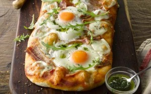 Bacon & Egg Pizza with Basil Oil