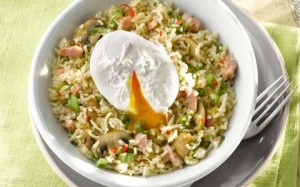 Bacon & Mushroom Fried Rice with Poached Eggs