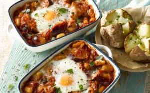 Sausages Baked with Beans and Eggs