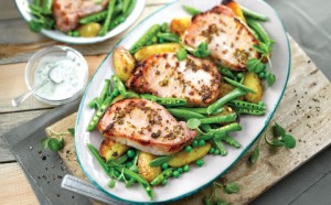 Bacon Chops with Warm Potato Salad and Peas