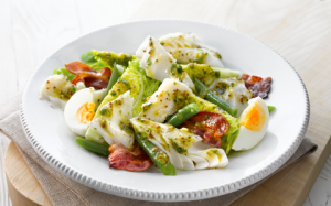 Grilled Haddock with a Salad of Baby Gem, Egg and Crispy Bacon