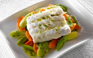 Poached Hake with Mustard and Honey Dressing
